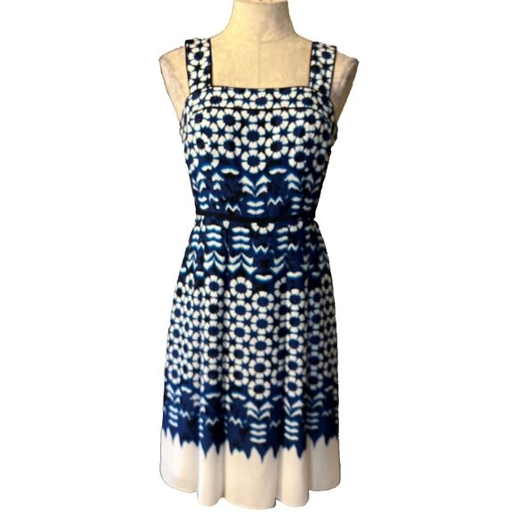 Adrianna Papell A Line Dress 4 Blue Black White Ikat Print Sleeveless Summer NEW - Picture 2 of 8